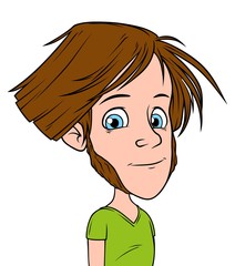 Cartoon brunette long haired boy character with whiskers. Isolated on white background. Vector icon avatar.