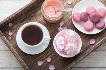 breakfast with coffee  on wooden tray