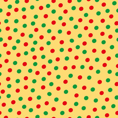 Green and red hand drawn scattered polka dot pattern on yellow background. Seamless vector design with modern vibe. Great for wellbeing, yoga, organic, gardening, food packaging, giftwrap, stationery