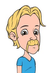 Cartoon blonde boy character with mustache. Isolated on white background. Vector icon avatar.