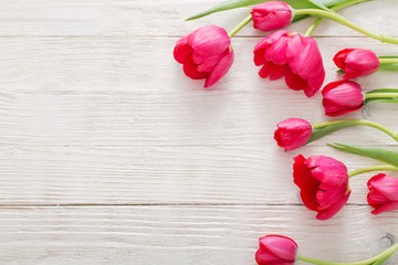 pink tulips on white wooden background