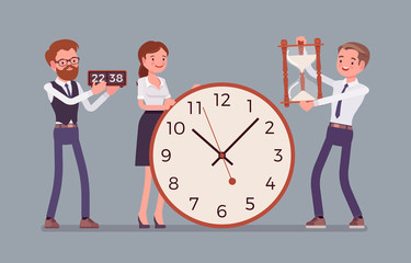 Time management giant clocks and business people. Manager controls employees working well, do tasks productively, organizing skills help to spend hours in the office effectively. Vector illustration