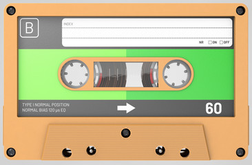 3d illustration of a looping footage side view of a orange audio cassette with s
