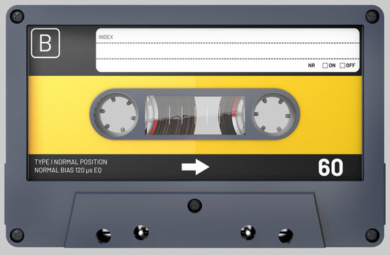 3d illustration of a looping footage side view of a red audio cassette with sticker and label