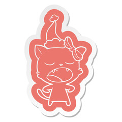 cartoon  sticker of a yawning cat wearing santa hat
