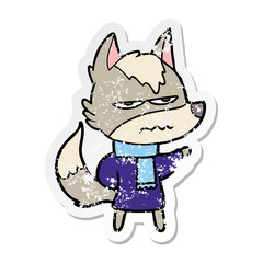 distressed sticker of a cartoon annoyed wolf