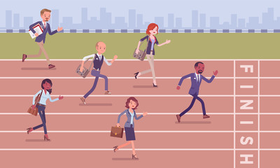 Fototapeta na wymiar Businessmen running at business competition. Rivalry race between companies or managers, office workers in motivational contest, employees establishing professional superiority. Vector illustration