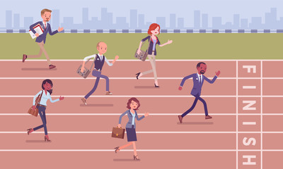 Fototapeta premium Businessmen running at business competition. Rivalry race between companies or managers, office workers in motivational contest, employees establishing professional superiority. Vector illustration