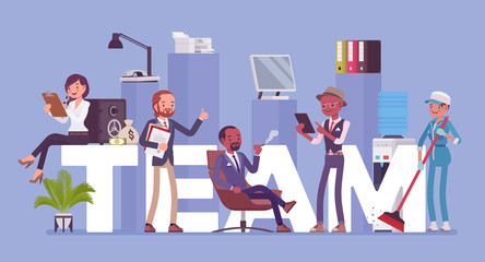 Team giant letters and different people. Group of diverse men working together to achieve a common goal, friendship and collaboration to complete a task, job, or business project. Vector illustration