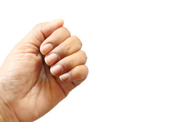 Close up isolated dirty nails of Asian woman on white background have copy space for put text. Concept unhealthy because can have bacteria make sick people