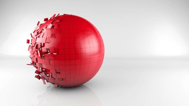 Red sphere abstract 4k animation motion graphics, video geometric 3d background with copyspace, color sphere made of low poly pieces transformation in light studio