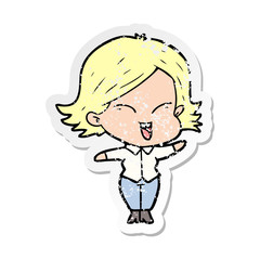 distressed sticker of a happy cartoon girl