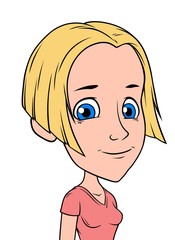 Cartoon blonde smiling girl character with blue eyes. Isolated on white background. Vector icon avatar.