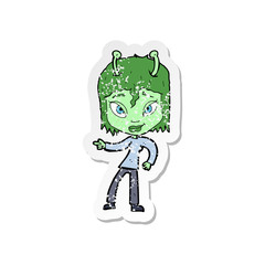 retro distressed sticker of a cartoon alien woman