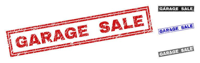 Grunge GARAGE SALE rectangle stamp seals isolated on a white background. Rectangular seals with distress texture in red, blue, black and grey colors.