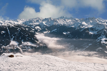 winter in Alps, Kaltenbach ski resort in Fuegen, Zillertal valley