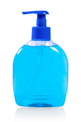 Plastic bottle with blue liquid soap on a white background with reflection