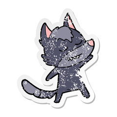 distressed sticker of a friendly cartoon wolf