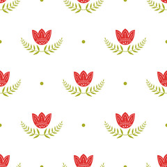 Classic pattern with tulips and green branches. English style pattern for wrapping paper, fabric design. Scandinavian style