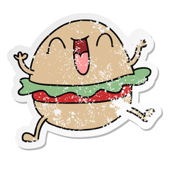 distressed sticker of a quirky hand drawn cartoon happy veggie burger