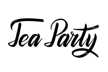 Tea Party. Script lettering. Calligraphic style. Dry brush effect. Isolated black print. Hand written vector illustration.