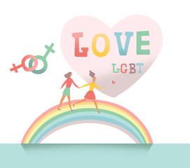 Flat vector illustration of Lgbt couple run on rainbow and big heart on background. Happy valentines day for bisexual community.  Concept of freedom in love. lesbian family.