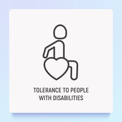 Tolerance to disabled thin line icon: man in wheelchair in heart shape. Symbol of support, care and understanding to people with disability.