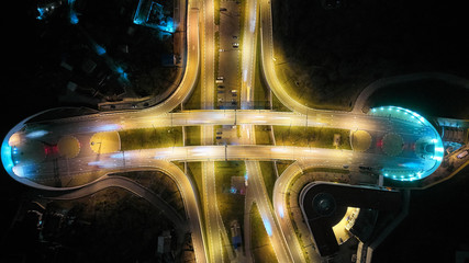 Sochi Expressway top view, Top view over the highway,expressway and motorway at night, Aerial view...