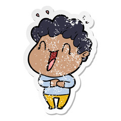 distressed sticker of a cartoon happy man