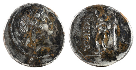 Roman Republic Coin. Ancient Roman silver denarius of the family Marcia.