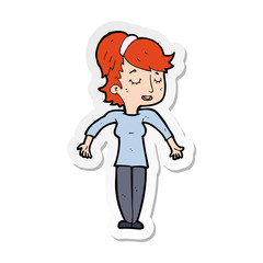 sticker of a cartoon friendly woman shrugging shoulders