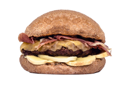 Meat And Cheese Burger With Whole Wheat Bread, Isolated White Background.