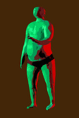 Fat male on digital art. Isolated on grey background. With copy space text. Studio shoot.