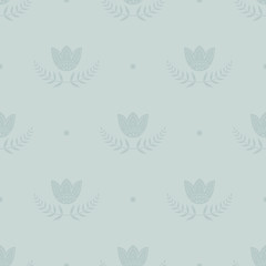 Fototapeta na wymiar Classic pattern with tulips and green branches. English style pattern for wrapping paper, fabric design. Good for baby design. Scandinavian style. Pastel colors