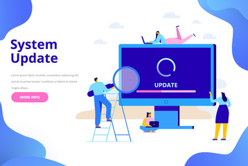 System update vector illustration concept. Desktop computer with update screen. Update process. Install new software, operating system, update support. Characters design 