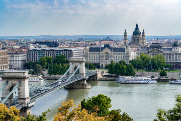 Aerial view of Szechenyi Chain Bridge with Academy of Science and St. Stephen's Basilica in background - Budapest, Hungary