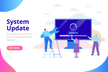System update vector illustration concept. Desktop computer with update screen. Update process. Install new software, operating system, update support. Characters design 