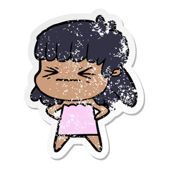 distressed sticker of a cartoon angry girl