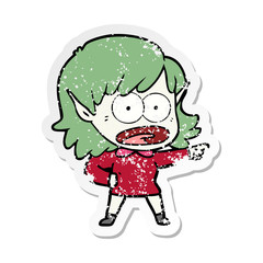 distressed sticker of a cartoon shocked elf girl pointing