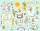 Set of vector cute Easter cartoon characters and design elements. Easter bunny, chickens, eggs and flowers.