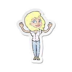 retro distressed sticker of a cartoon woman giving up