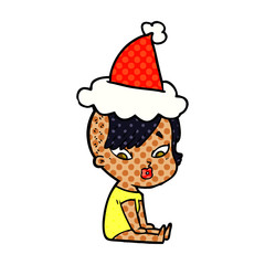 comic book style illustration of a surprised girl wearing santa hat