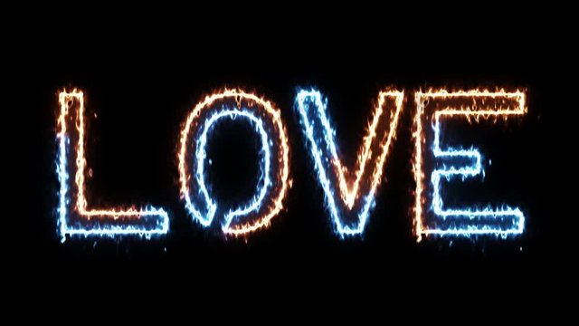 Love - fire and ice glowing text on transparent background