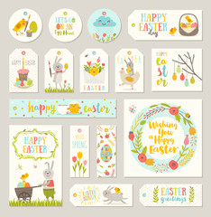 Set of vector Easter gift tags and labels with cute cartoon characters and type design . Easter greetings with bunny, chickens, eggs and flowers.