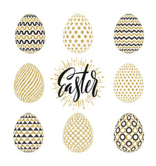 Vector set of Easter eggs decorated with glitter gold and brush calligraphy greeting.