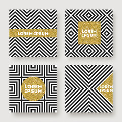Set of abstract design, Glitter gold banner on a black and white geometric striped background. Design for invitation, greeting card, cover or flyer. Vector illustration.