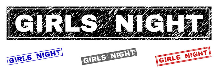 Grunge GIRLS NIGHT rectangle stamp seals isolated on a white background. Rectangular seals with grunge texture in red, blue, black and grey colors.