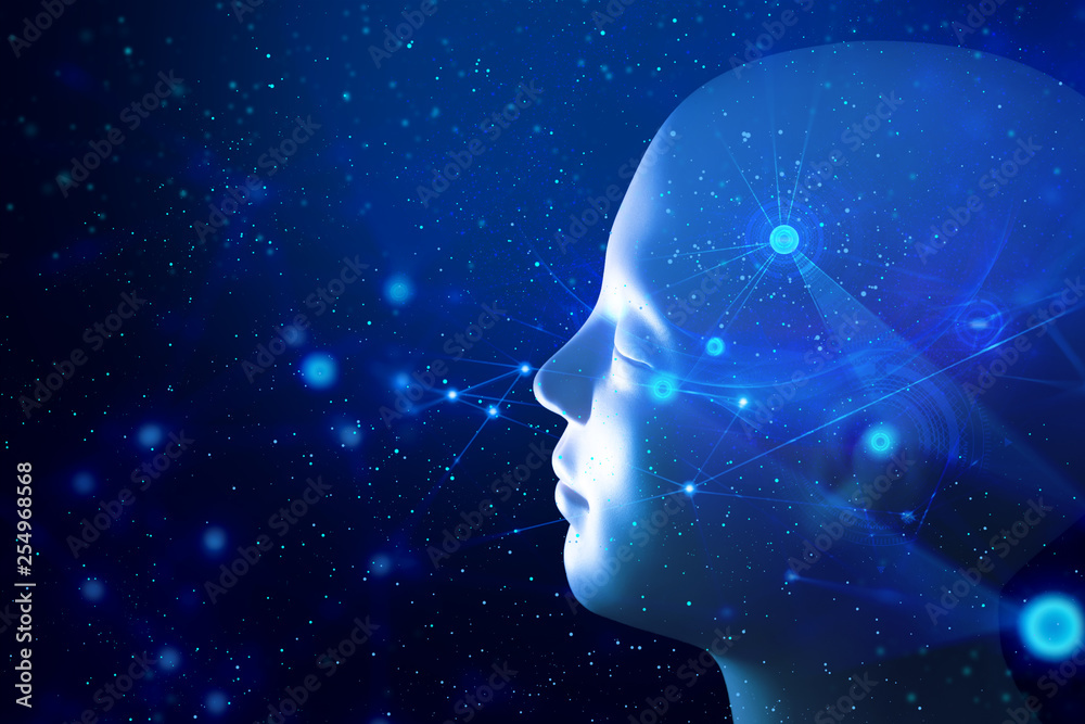 Poster human brain head and data ai global network technology particle with digital hologram with light and
