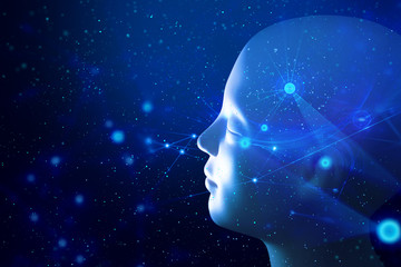 human brain head and data ai global network technology particle with digital hologram with light and hand of human with blue and red color glow in sci-fi futuristic concept