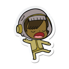 sticker of a cartoon talking astronaut woman